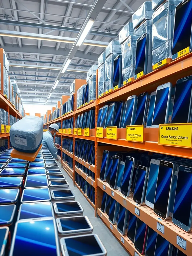 A photo of multiple Samsung phones being sorted and categorized based on their condition and model in the TAILORED HOME S.R.L. warehouse.