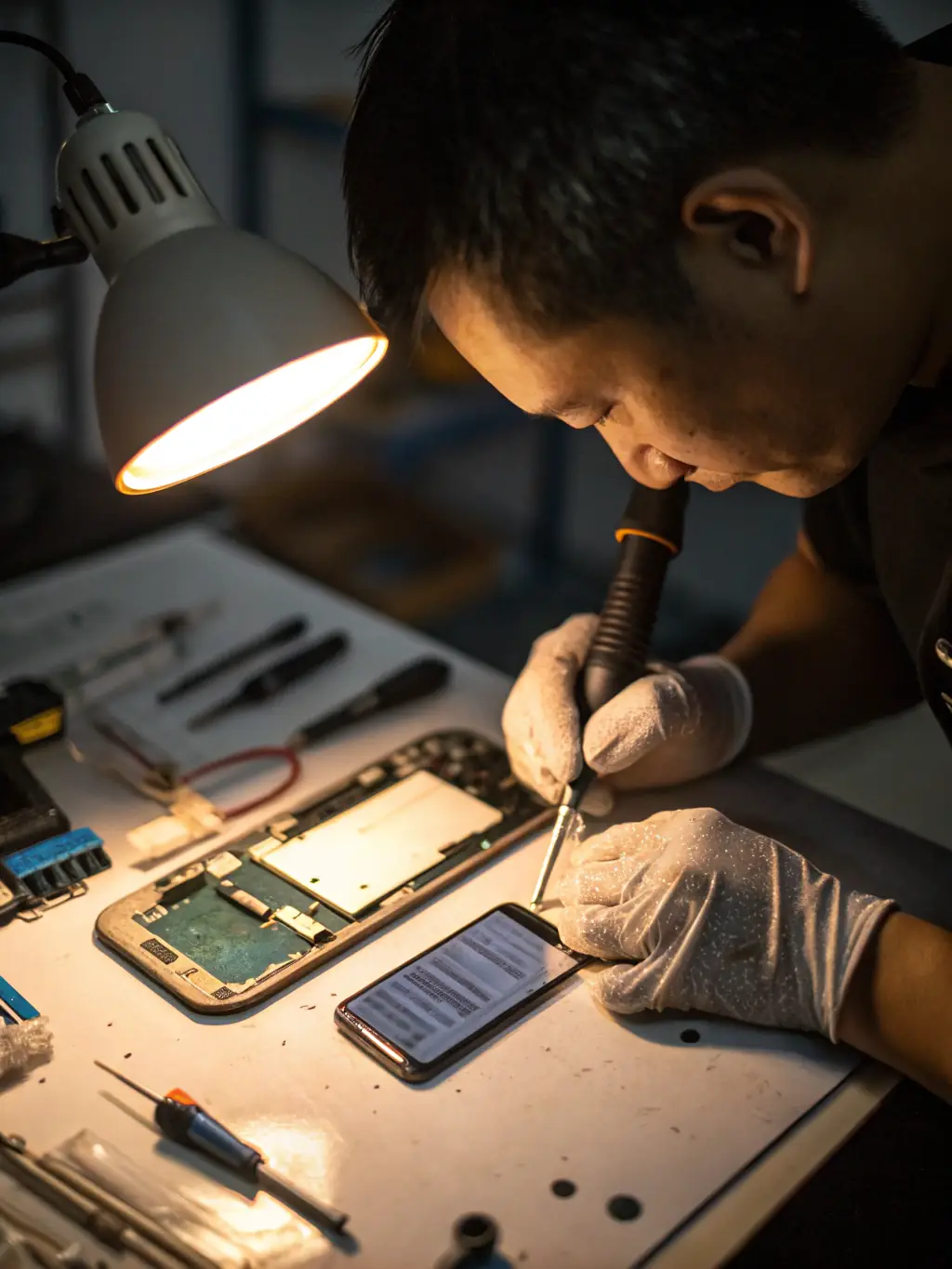 A photo of a TAILORED HOME S.R.L. employee inspecting a Samsung phone with FutureDial testing equipment in the background, showcasing the initial quality check.