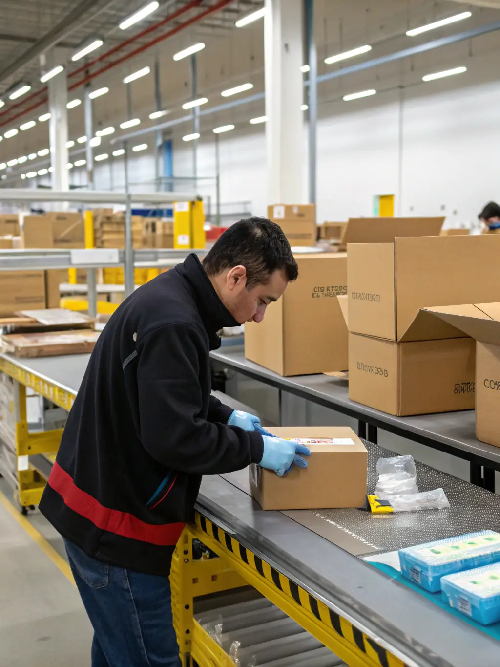 A photo of a TAILORED HOME S.R.L. employee packaging a wholesale order of refurbished Samsung phones for shipment within the EU.